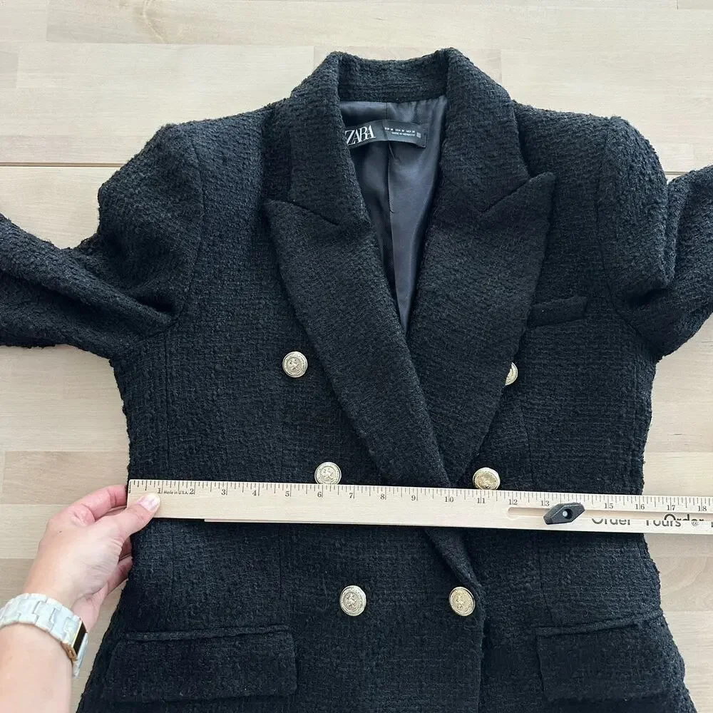 Zara Tweed Jacket Womens Medium Double Breasted Boucle Equestrian Academia Chic - Picture 13 of 16